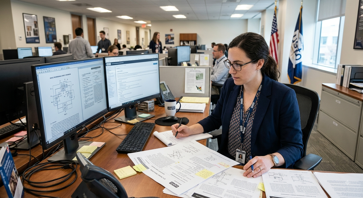 A USPTO examiner reviewing a patent specification and drawings
